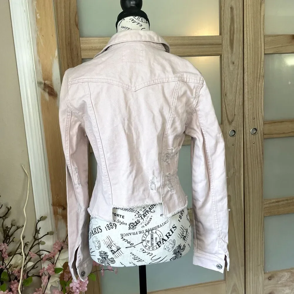 Cropped Denim Jacket Womens M Jessica Simpson Fitted Button Down Distressed